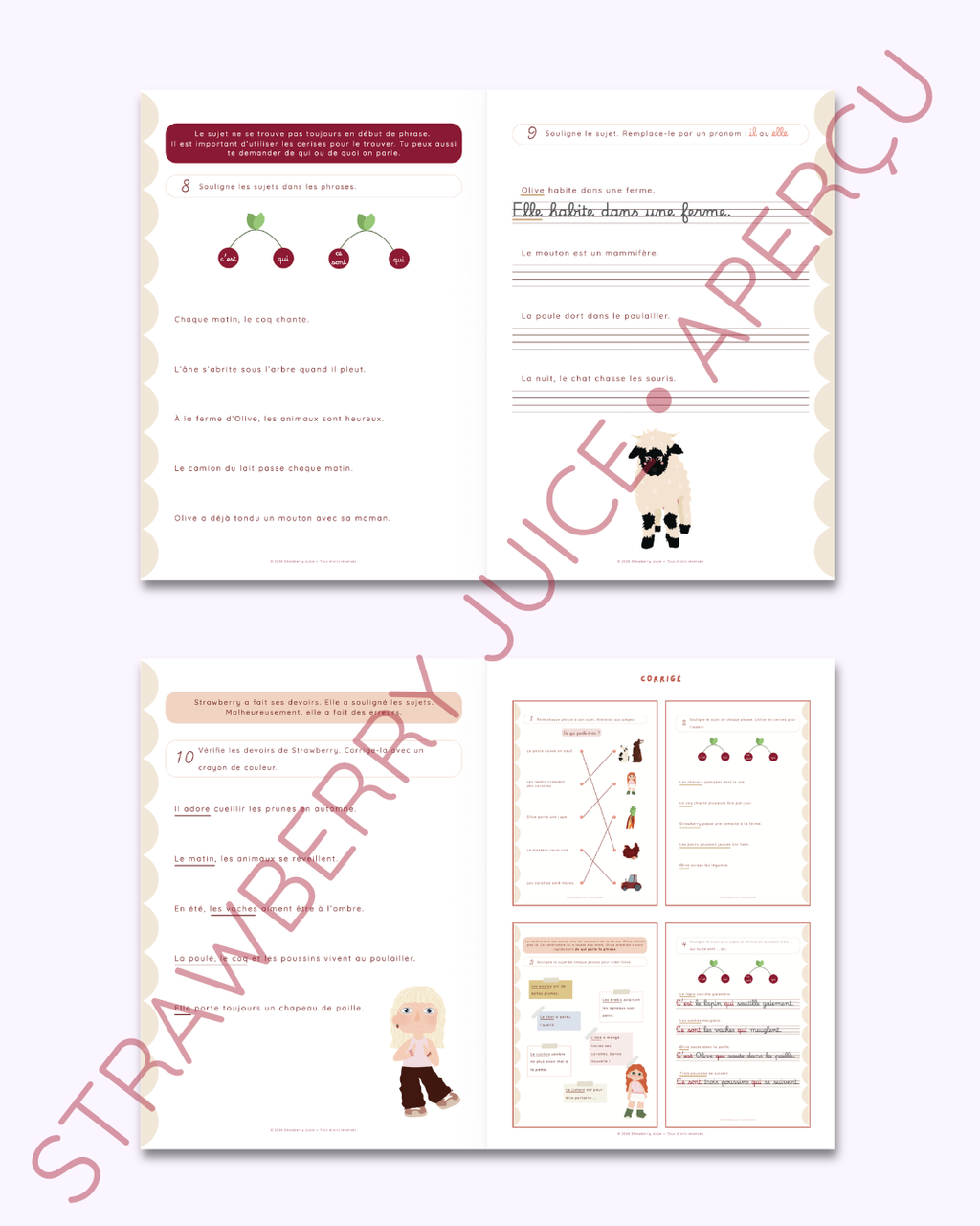 Exercices de français à imprimer sur le sujet de la phrase pour enfants de 7 à 8 ans : repérer et souligner le sujet, remplacer un groupe sujet par les pronoms il ou elle et corriger des phrases, avec corrigés illustrés.