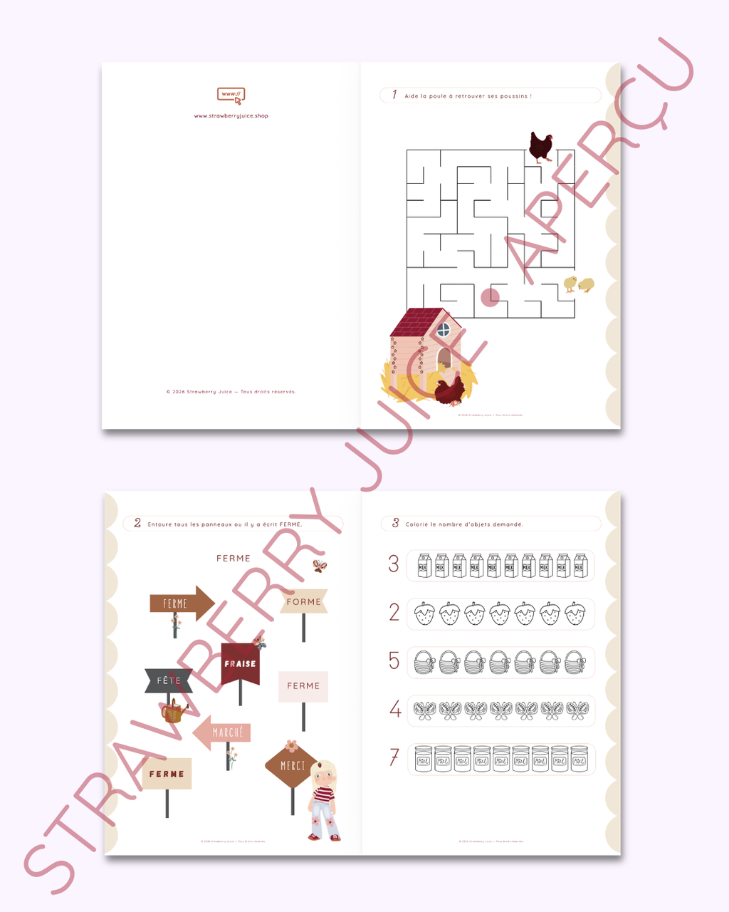 Cahier de fiches d'activités gratuites à imprimer pour enfants de 4 à 5 ans : labyrinthe de la poule, reconnaissance du mot FERME et exercice de comptage et coloriage sur le thème de la ferme.