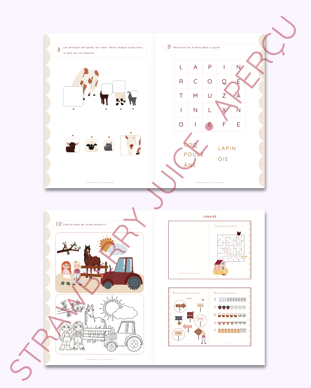 Aperçu d'un cahier gratuit d'activités de maternelle à imprimer pour enfants de 4 à 5 ans : jeu d'association des animaux de la ferme, mots mêlés, coloriage, le tout illustré