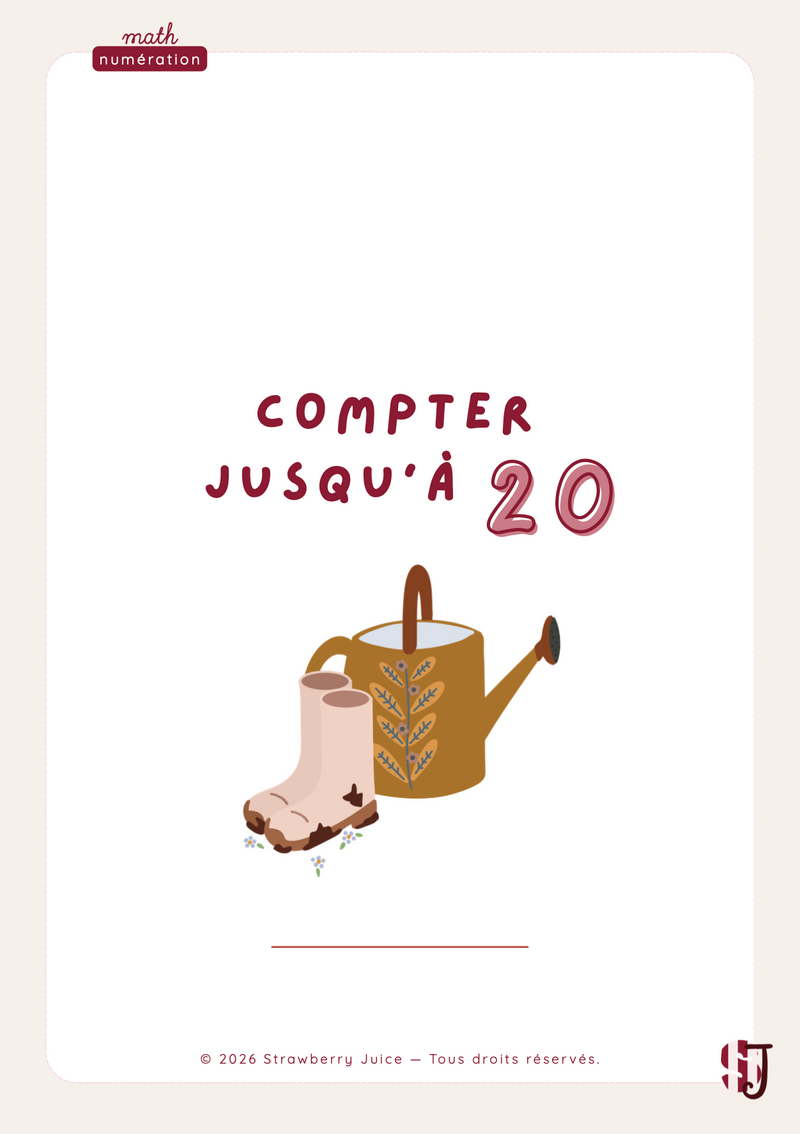 Cahier de fiches d'exercices de numération à imprimer pour apprendre à compter jusqu'à 20, destiné aux enfants de 5 à 6 ans, illustré sur le thème de la ferme – Strawberry Juice.