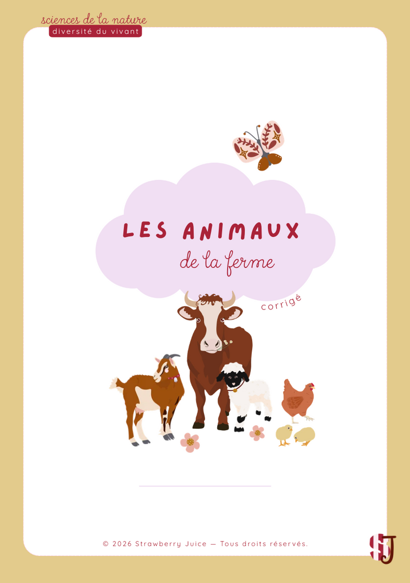 Cahier de fiches d'exercices de sciences à imprimer sur les animaux de la ferme : découvrir les êtres vivants, les mammifères, les oiseaux, l'alimentation et les cycles de vie – Strawberry Juice.