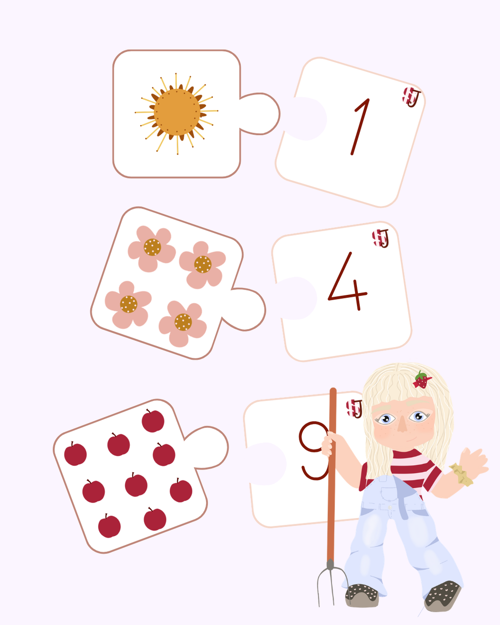 Puzzle de numération à imprimer pour enfants de 4 à 5 ans : associer les chiffres de 1 à 10 aux quantités illustrées avec des fleurs, des pommes et des objets de la ferme – Strawberry Juice.