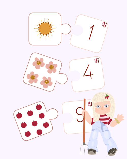 Puzzle de numération à imprimer pour enfants de 4 à 5 ans : associer les chiffres de 1 à 10 aux quantités illustrées avec des fleurs, des pommes et des objets de la ferme – Strawberry Juice.